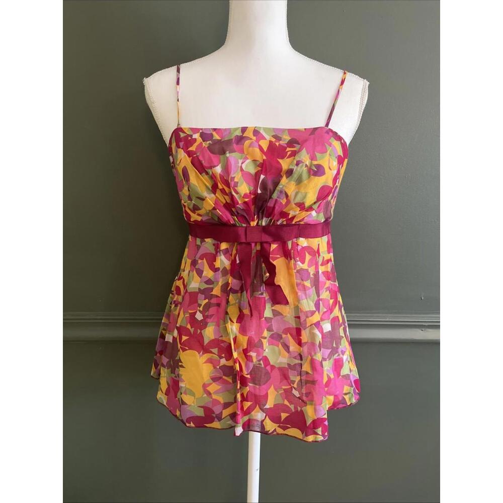Anna Sui Anthropologie Silk Cotton Floral Empire Waist Cami Top Pink Yellow Sz 4